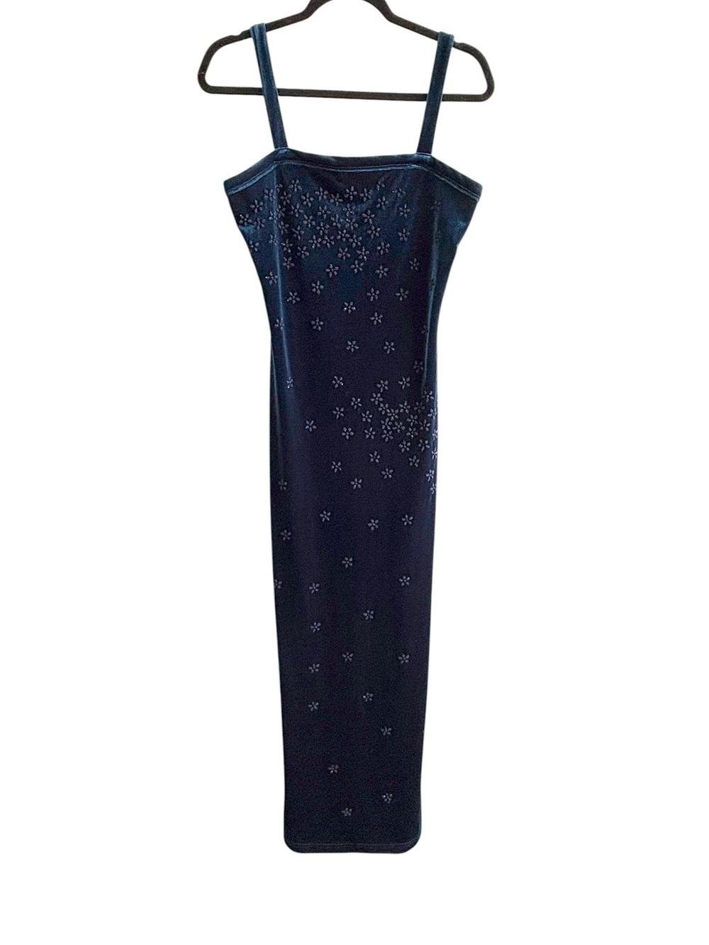 Vintage French Curve Size Medium Teal Velvet Beaded Maxi Dress Whimsigoth Grunge
